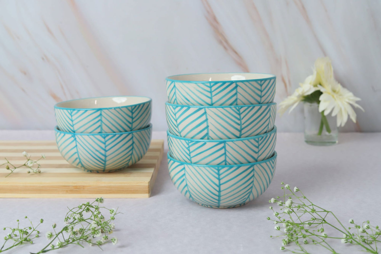 'Green Stripe' Ceramic Veg Serving Bowl 150 ml (Set of 6)