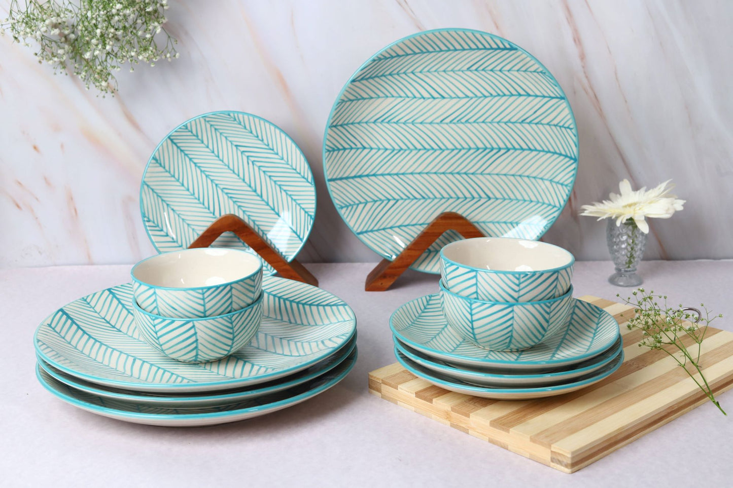 'Green Stripe' Ceramic Dinner Set of 4 Dinner Plate, 4 Quarter Plates & 4 Bowl Sets