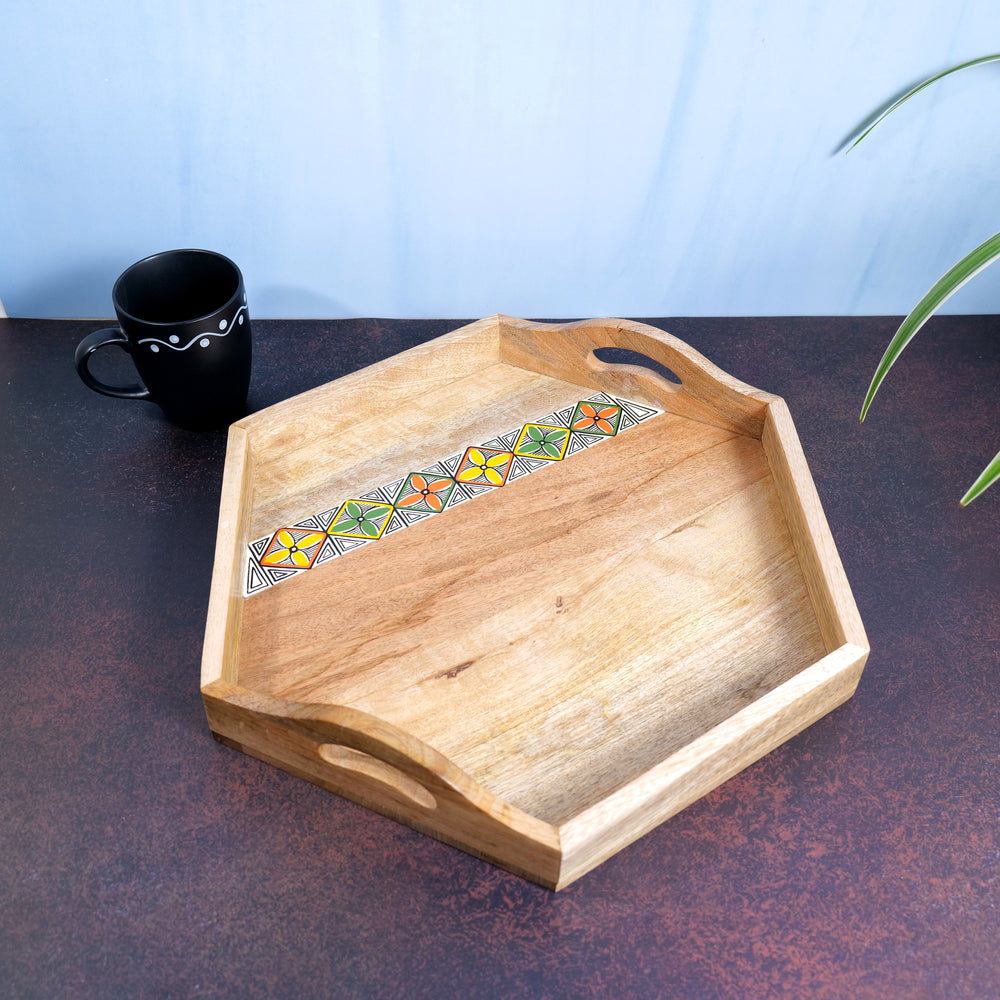 'Hexagonal Duo' Hand-Painted Wooden Serving Tray, 13 Inch