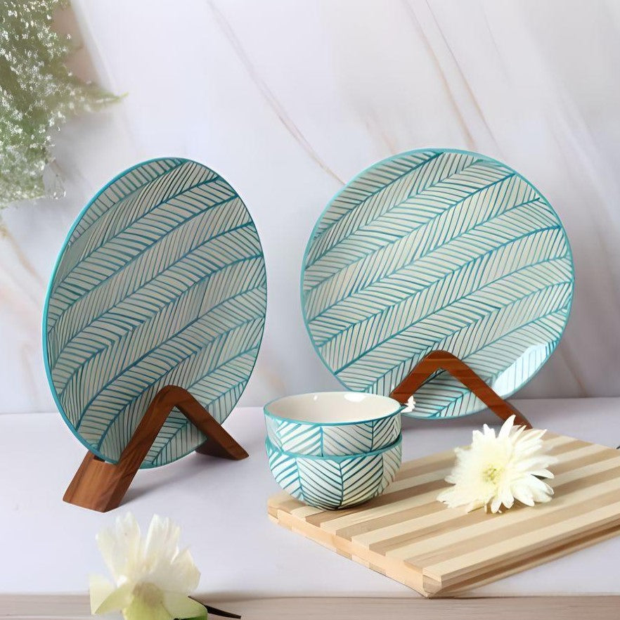 'Green Stripe' Ceramic Dinner Plate and Veg Bowls, Set of 2