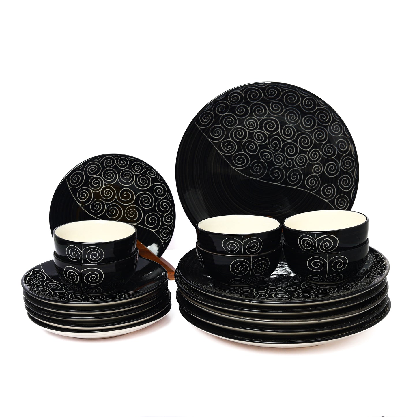 'Black Vine' Ceramic Dinner Set of 6 Dinner Plate, 6 Quarter Plates & 6 Bowl Sets
