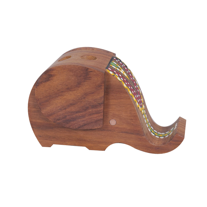 Wooden Handcrafted Elephant Pen Cum Mobile Holder