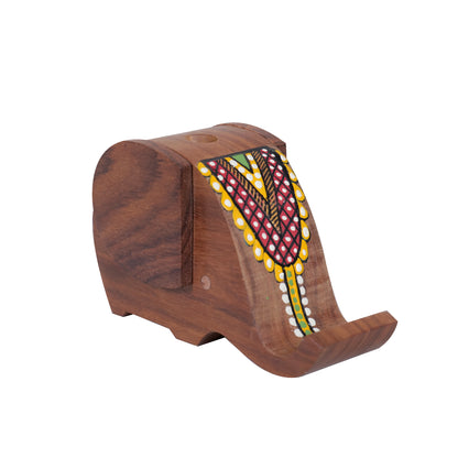 Wooden Handcrafted Elephant Pen Cum Mobile Holder