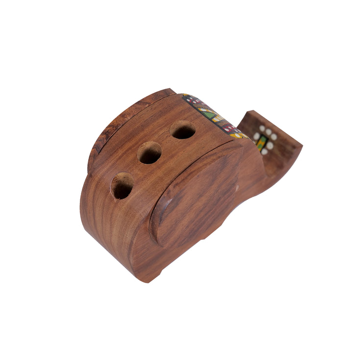 Wooden Handcrafted Elephant Pen Cum Mobile Holder