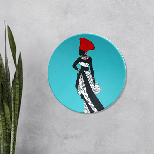 'Nigerian Beauty' Blue Handpainted Terracotta Decorative Wall Plate, 9 Inch