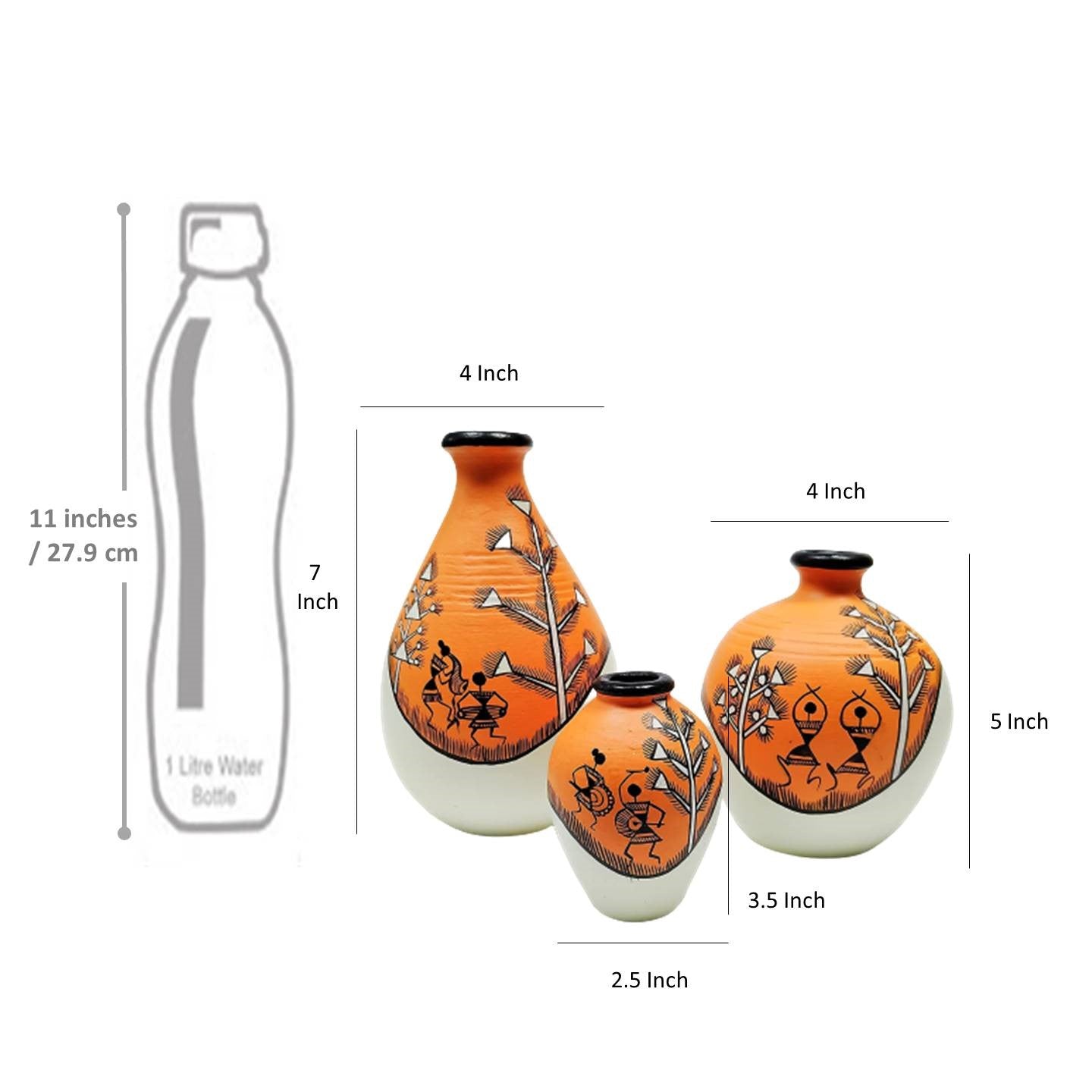 Warli Design Terracotta Vases In Orange Color, Set of 3