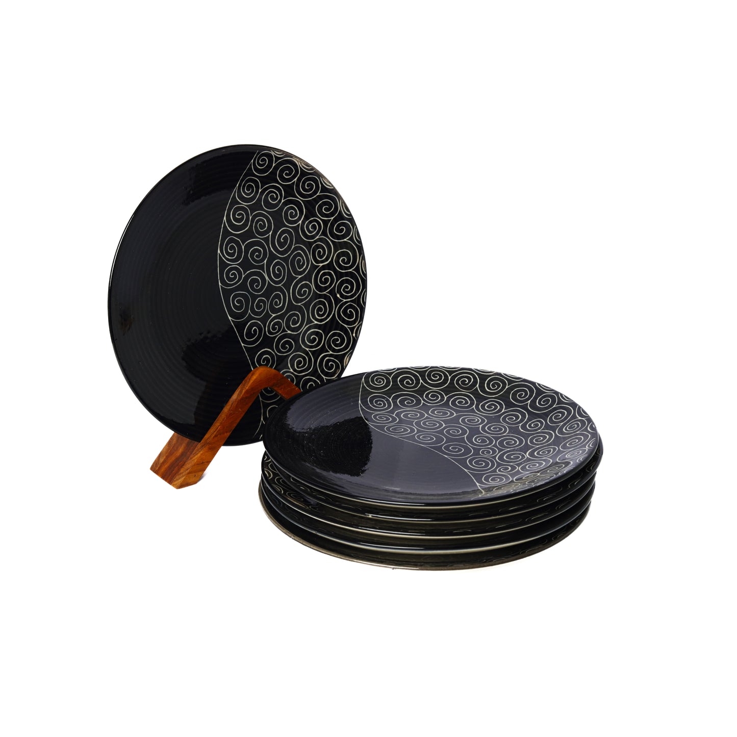 'Black Vine' Ceramic Studio Pottery Dinner Set of 6, 21 Piece