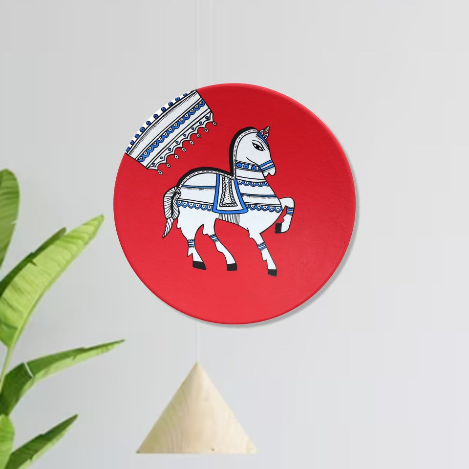 'Royal Horse' Red Handpainted Terracotta Decorative Wall Plate, 9 Inch