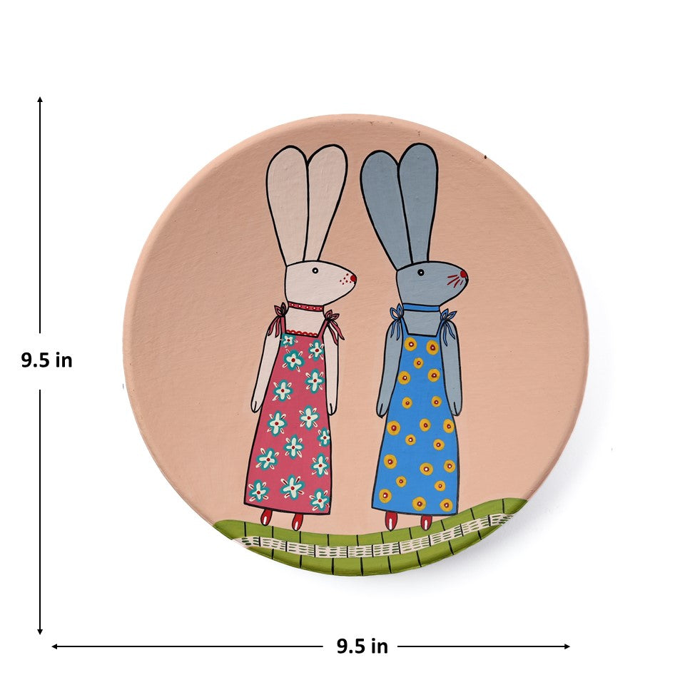 'Bunny Duo' Baby Pink Hand-painted Terracotta Decorative Wall Plate, 9. 5 Inch