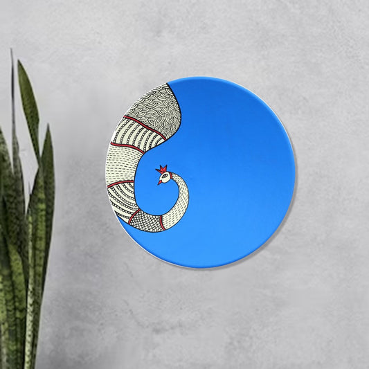 'Indi Peacock' Blue Handpainted Terracotta Decorative Wall Plate, 9 Inch