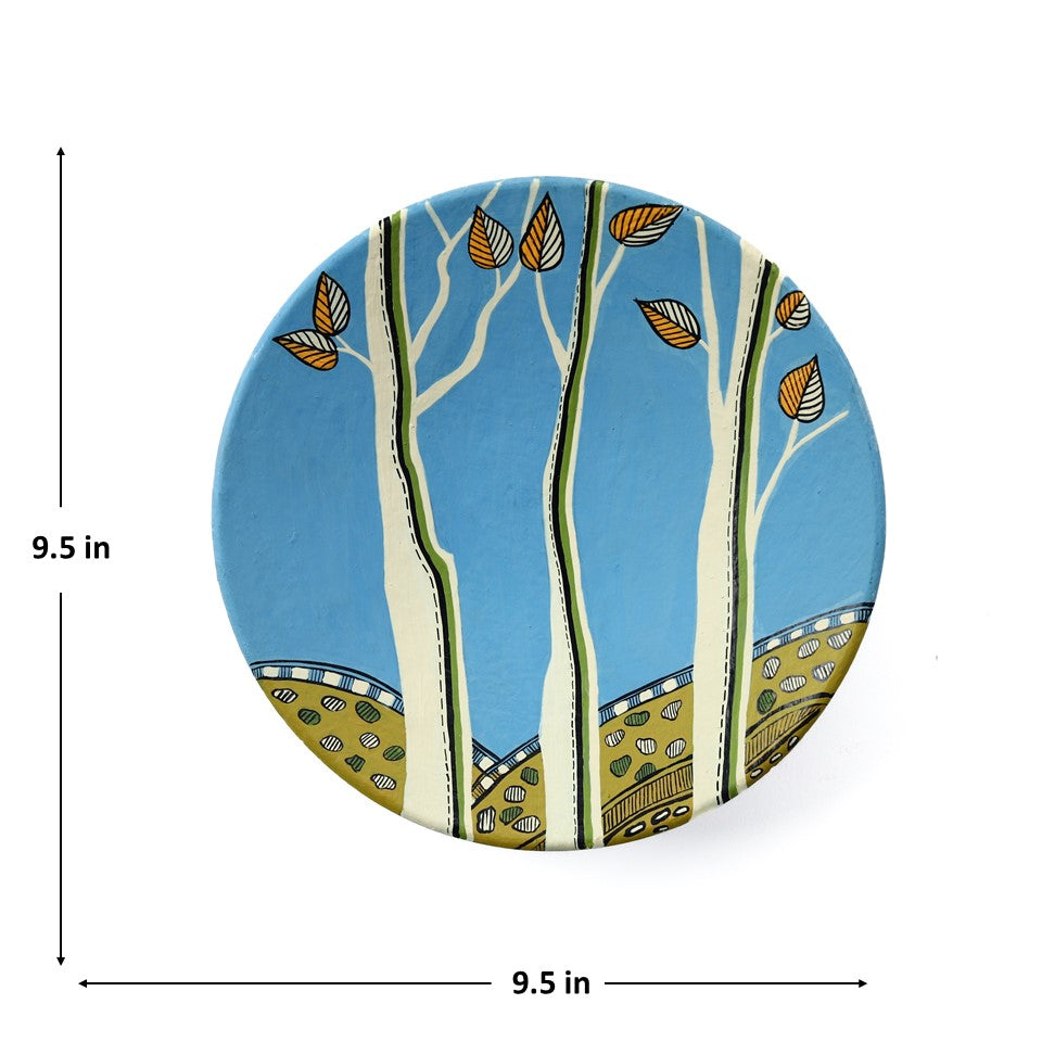 'Bunny n Trees' Hand-Painted Terracotta Decorative Wall Plate, Set of 2 (9.5 Inch)