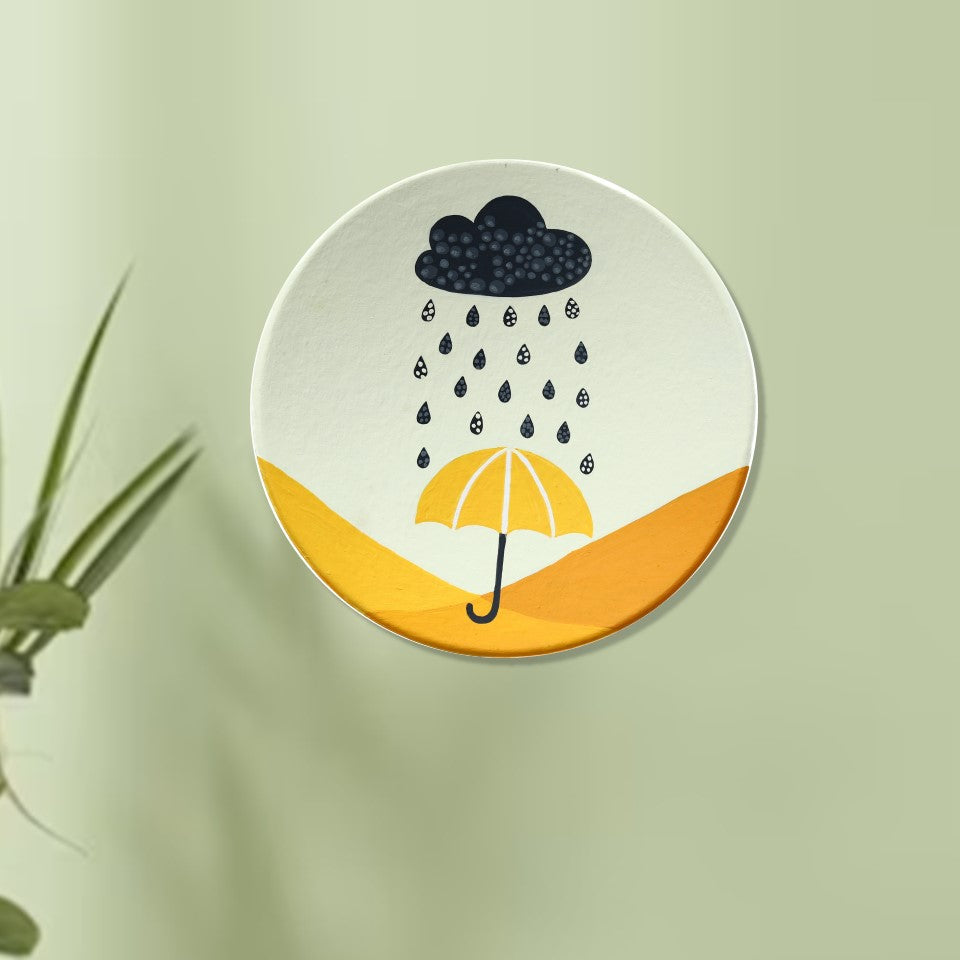 'Yellow Umbrella' Handpainted Terracotta Decorative Wall Plate, 9 Inch