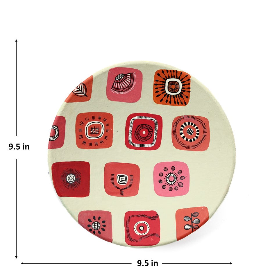 'Warli Square' Pink Handpainted Terracotta Decorative Wall Plate, 9. 5 Inch