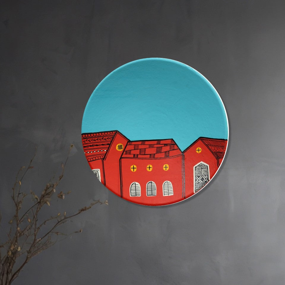 'Red Hut' Handpainted Terracotta Decorative Wall Plate, 9. 5 Inch