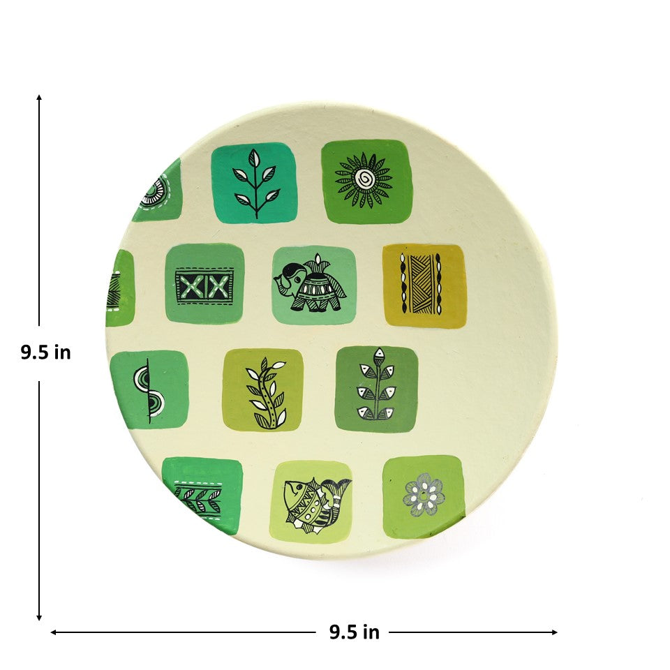 'Warli Square'  Green Handpainted Terracotta Decorative Wall Plate, 9. 5 Inch
