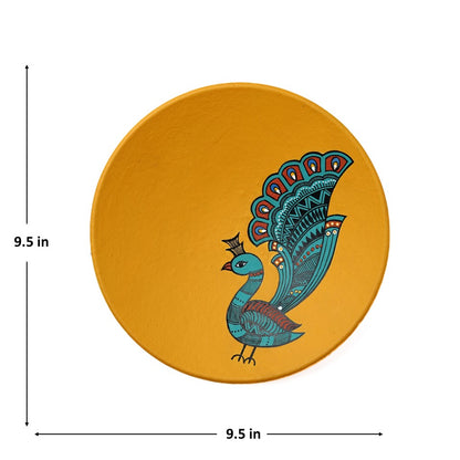 'Dancing Peacock' Yellow Hand-Painted Terracotta Decorative Wall Plate, 9 Inch