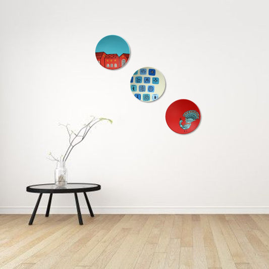 'Vibrant Trio' Hand-Painted Terracotta Decorative Wall Plate, Set of 3 (9.5 Inch)