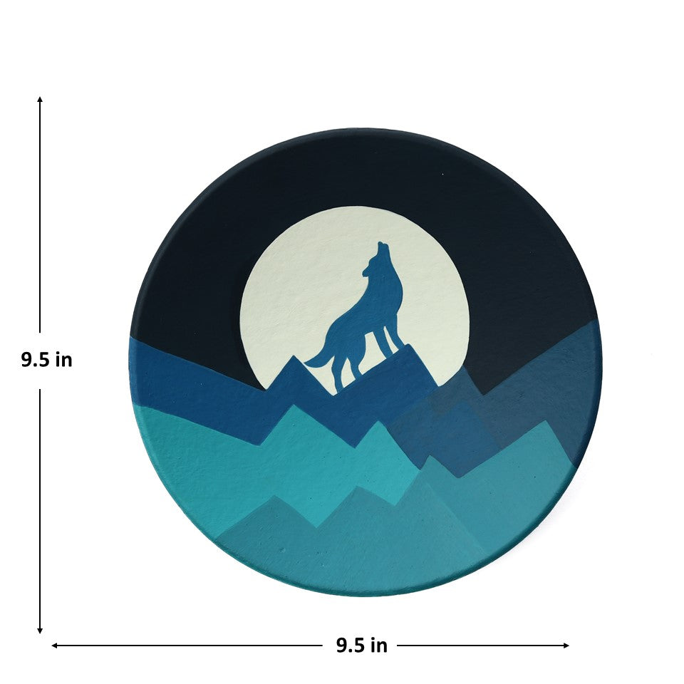 'Blue Wolf' Hand-Painted Terracotta Decorative Wall Plate, 9. 5 Inch