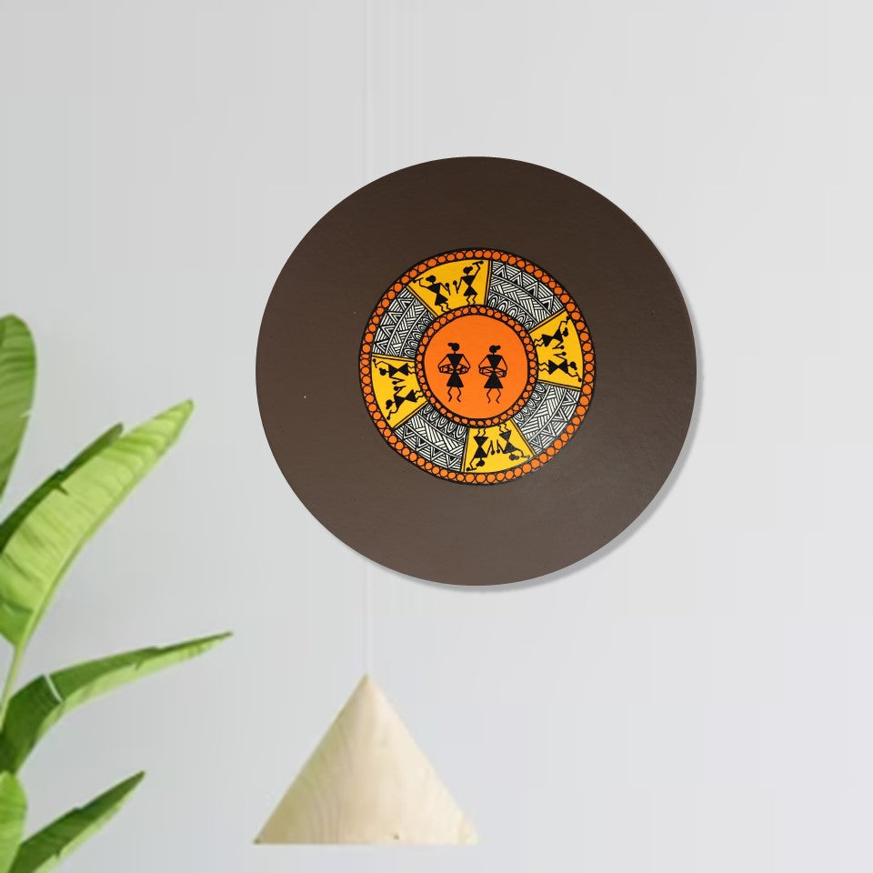 'Warli Encircle' Brown Handpainted Terracotta Decorative Wall Plate, 9.5 Inch