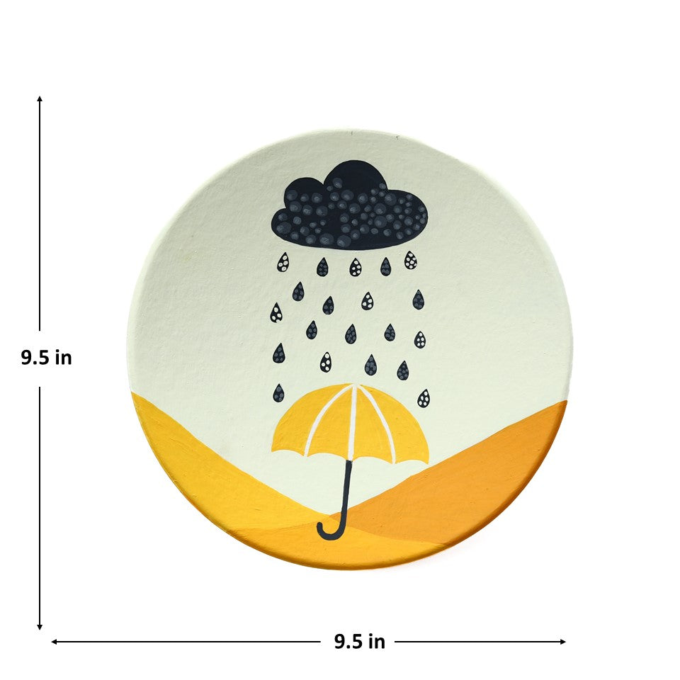 'Yellow Umbrella' Handpainted Terracotta Decorative Wall Plate, 9. 5 Inch