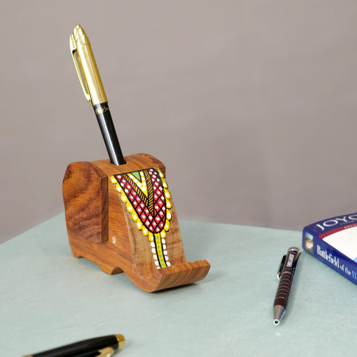 Wooden Handcrafted Elephant Pen Cum Mobile Holder