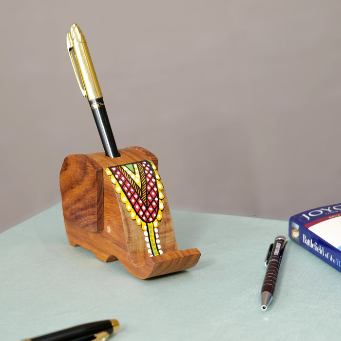 "Dreamy Elephant" Wooden Handpainted Pen Cum Mobile Holder