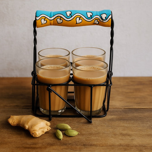 Premium Cutting Chai Glass Set of 4 with Stand