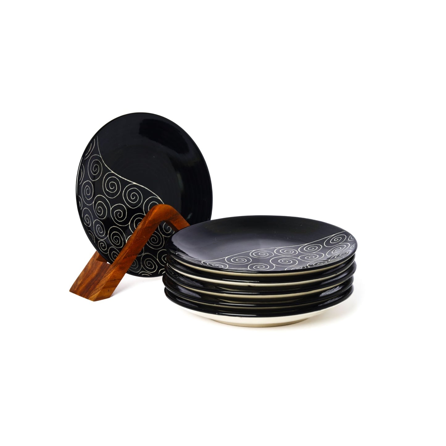 'Creeping Vine' Black Ceramic Side & Quarter Plates, Set of 6 (7 Inch)
