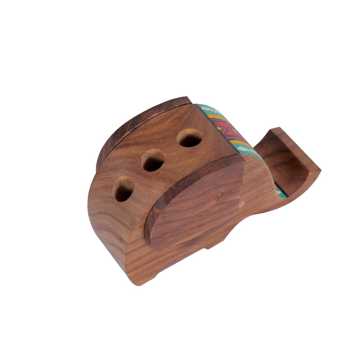 Wooden Handpainted Elephant Design Pen Cum Mobile Stand