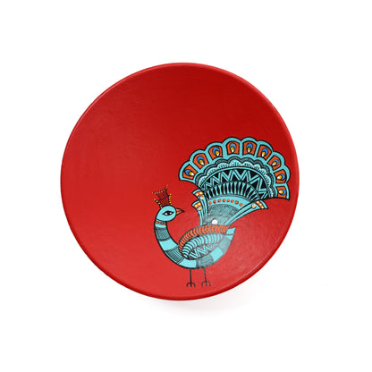 'Dancing Peacock' Red Handpainted Terracotta Decorative Wall Plate, 9 Inch