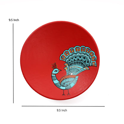 'Dancing Peacock' Red Handpainted Terracotta Decorative Wall Plate, 9 Inch