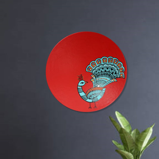 'Dancing Peacock' Red Handpainted Terracotta Decorative Wall Plate, 9 Inch