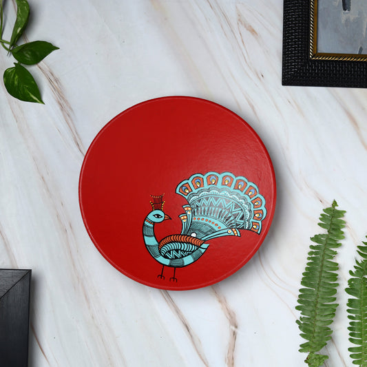 'Dancing Peacock' Red Handpainted Terracotta Decorative Wall Plate, 9 Inch