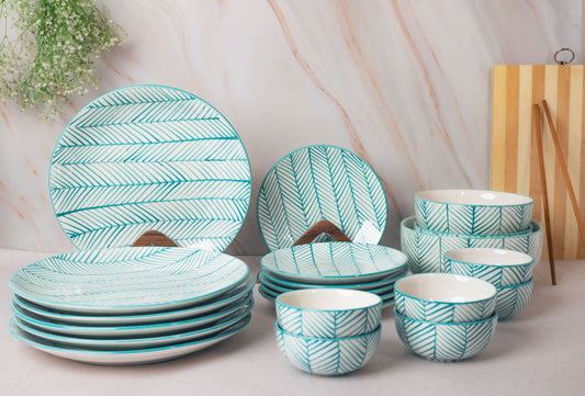 'Green Stripe' Ceramic Dinner Set for 6 People, 21 Pieces