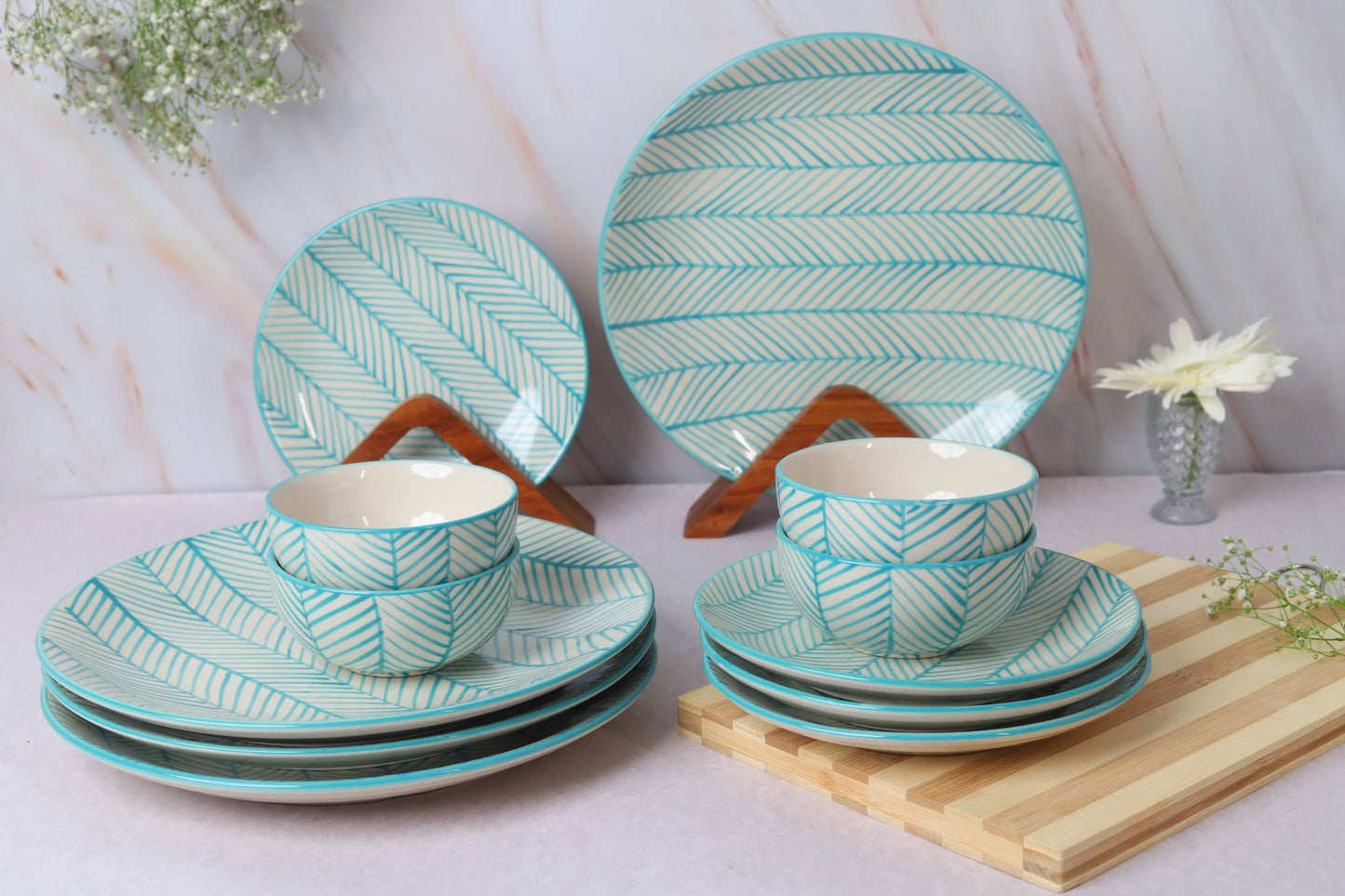 'Green Stripe' Ceramic Dinner Set of 4 Dinner Plate, 4 Quarter Plates & 4 Bowl Sets