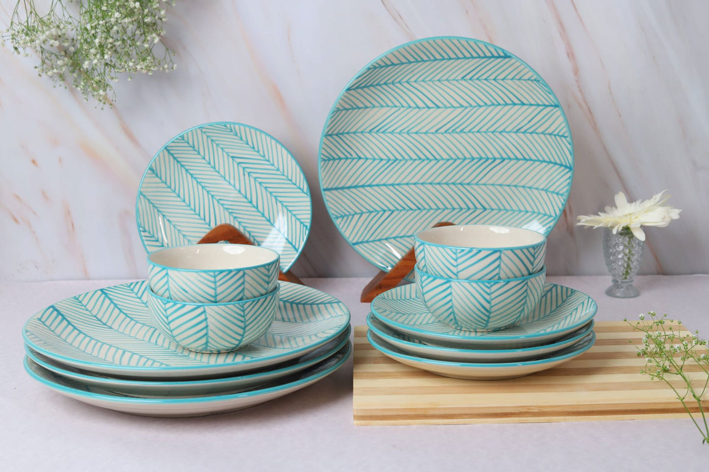 'Green Stripe' Ceramic Dinner Set of 4 Dinner Plate, 4 Quarter Plates & 4 Bowl Sets
