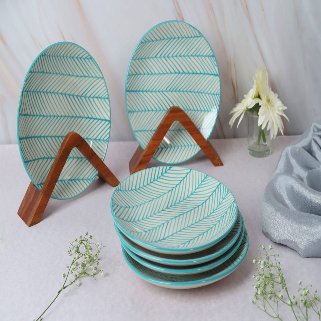 'Green Stripe' Ceramic Side & Quarter Plates, Set of 6 (7 Inch)