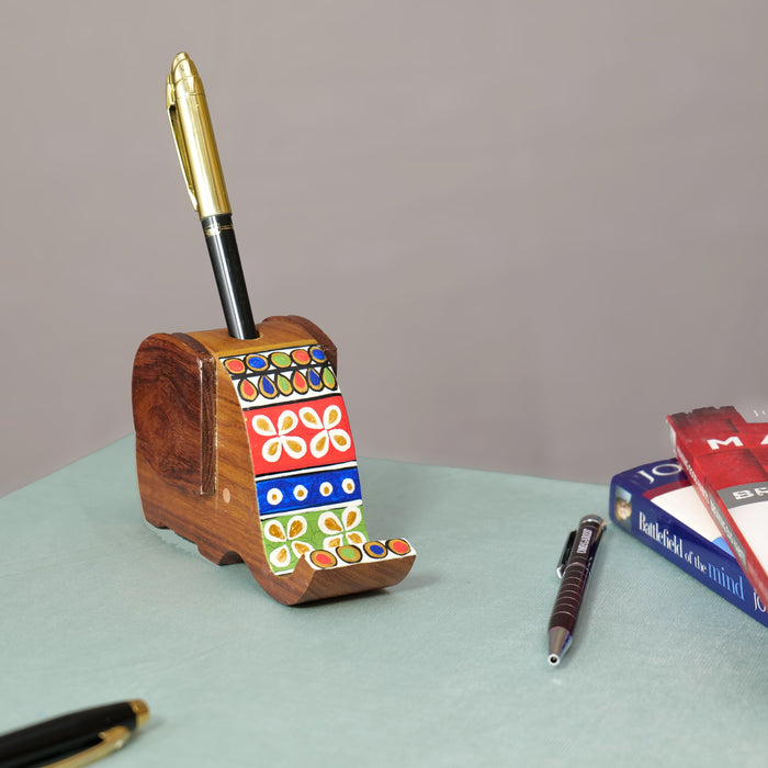 "Dreamy Elephant" Wooden Handpainted Pen Cum Mobile Holder