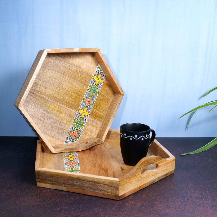 'Hexagonal Duo' Handpainted Wooden Serving Tray, Set of 2
