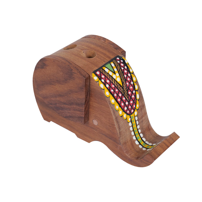 Wooden Handcrafted Elephant Pen Cum Mobile Holder