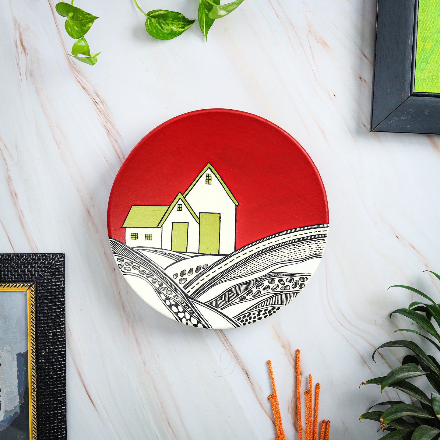 'Natural Hut' Red Handpainted Terracotta Decorative Wall Plate, 9 Inch