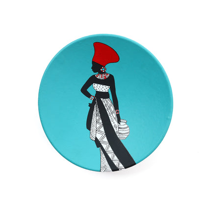 'Nigerian Beauty' Blue Handpainted Terracotta Decorative Wall Plate, 9 Inch
