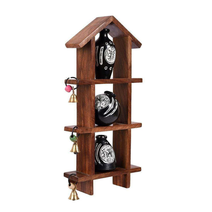 Wall Mounted Wooden Shelves With Decorative White Terracotta Mini Pots