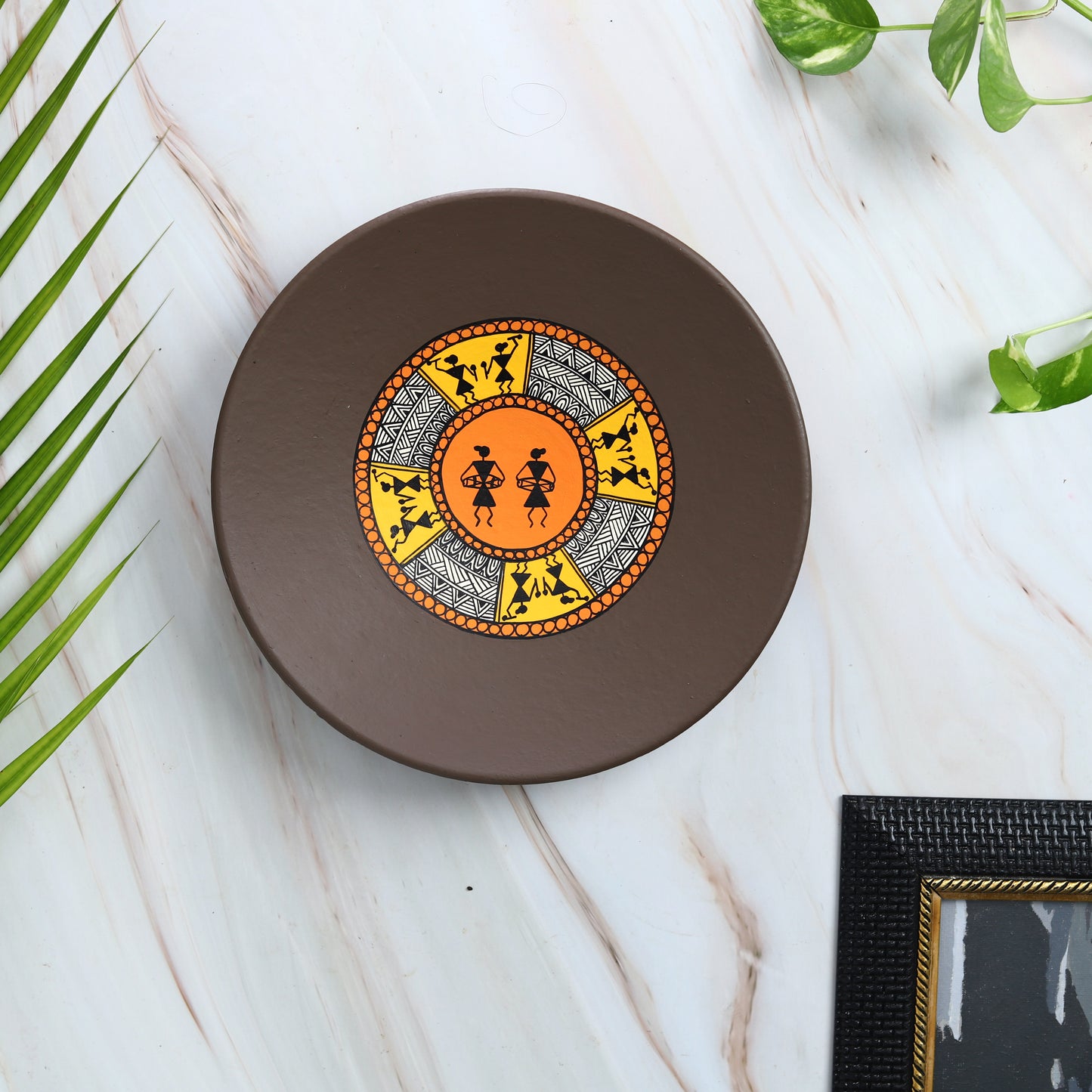 'Warli Encircle' Brown Handpainted Terracotta Decorative Wall Plate, 9.5 Inch