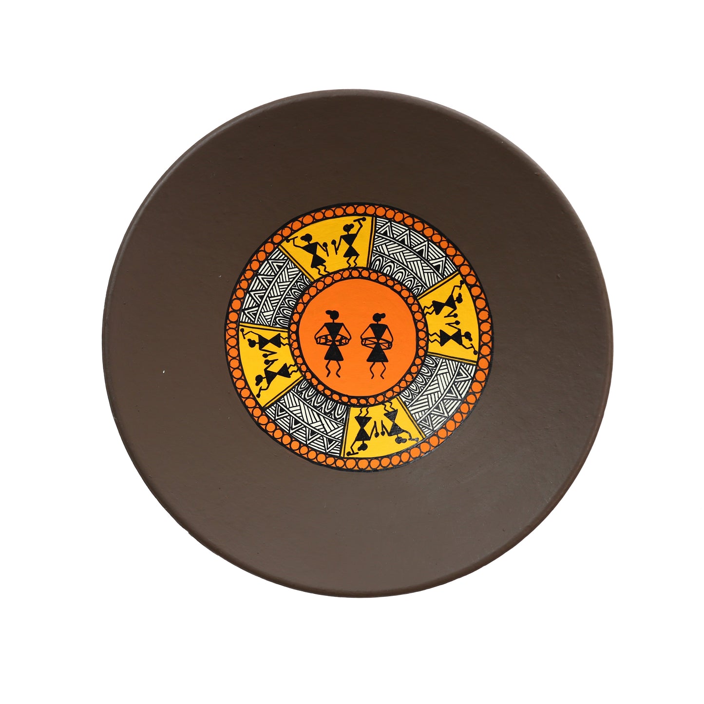 'Warli Encircle' Brown Handpainted Terracotta Decorative Wall Plate, 9.5 Inch