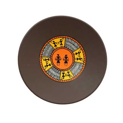 'Warli Encircle' Brown Handpainted Terracotta Decorative Wall Plate, 9 Inch