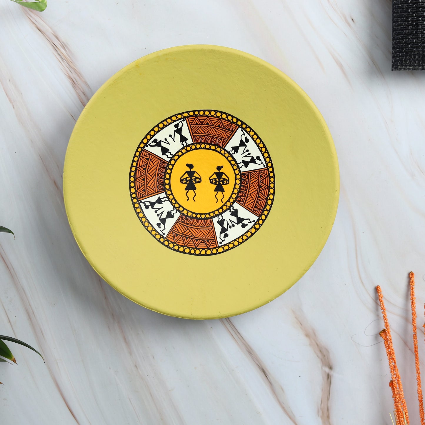 'Warli Encircle' Green Handpainted Terracotta Decorative Wall Plate, 9.5 Inch