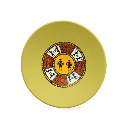 'Warli Encircle' Green Handpainted Terracotta Decorative Wall Plate, 9 Inch