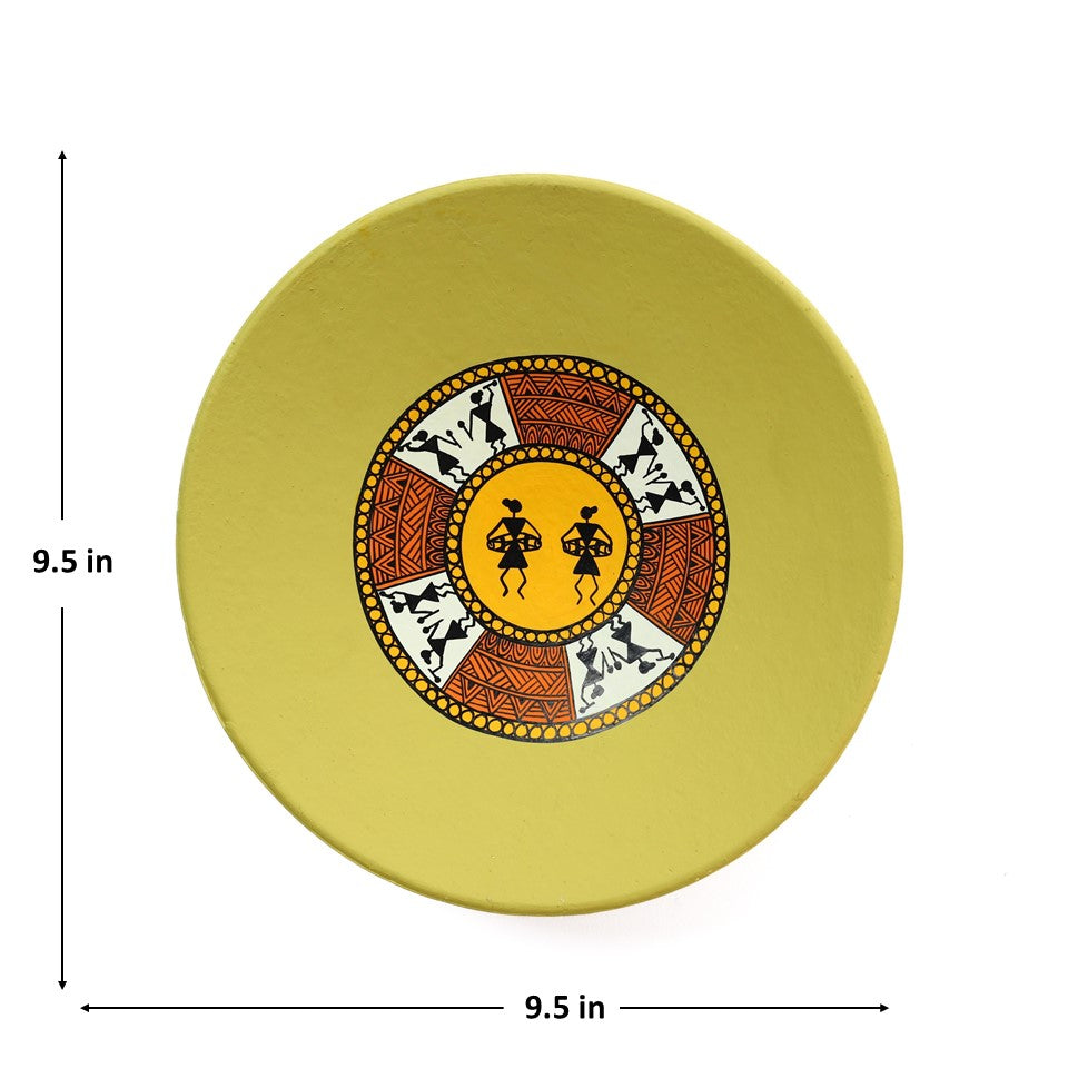 'Warli Encircle' Green Handpainted Terracotta Decorative Wall Plate, 9.5 Inch