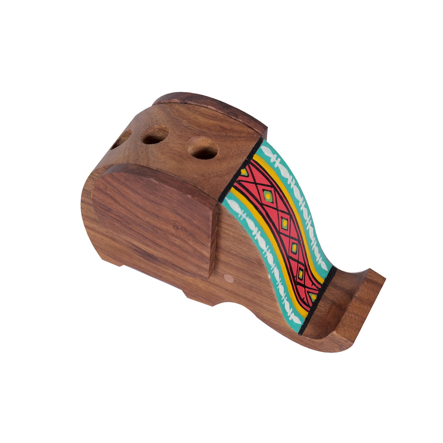 Wooden Handpainted Elephant Design Pen Cum Mobile Stand